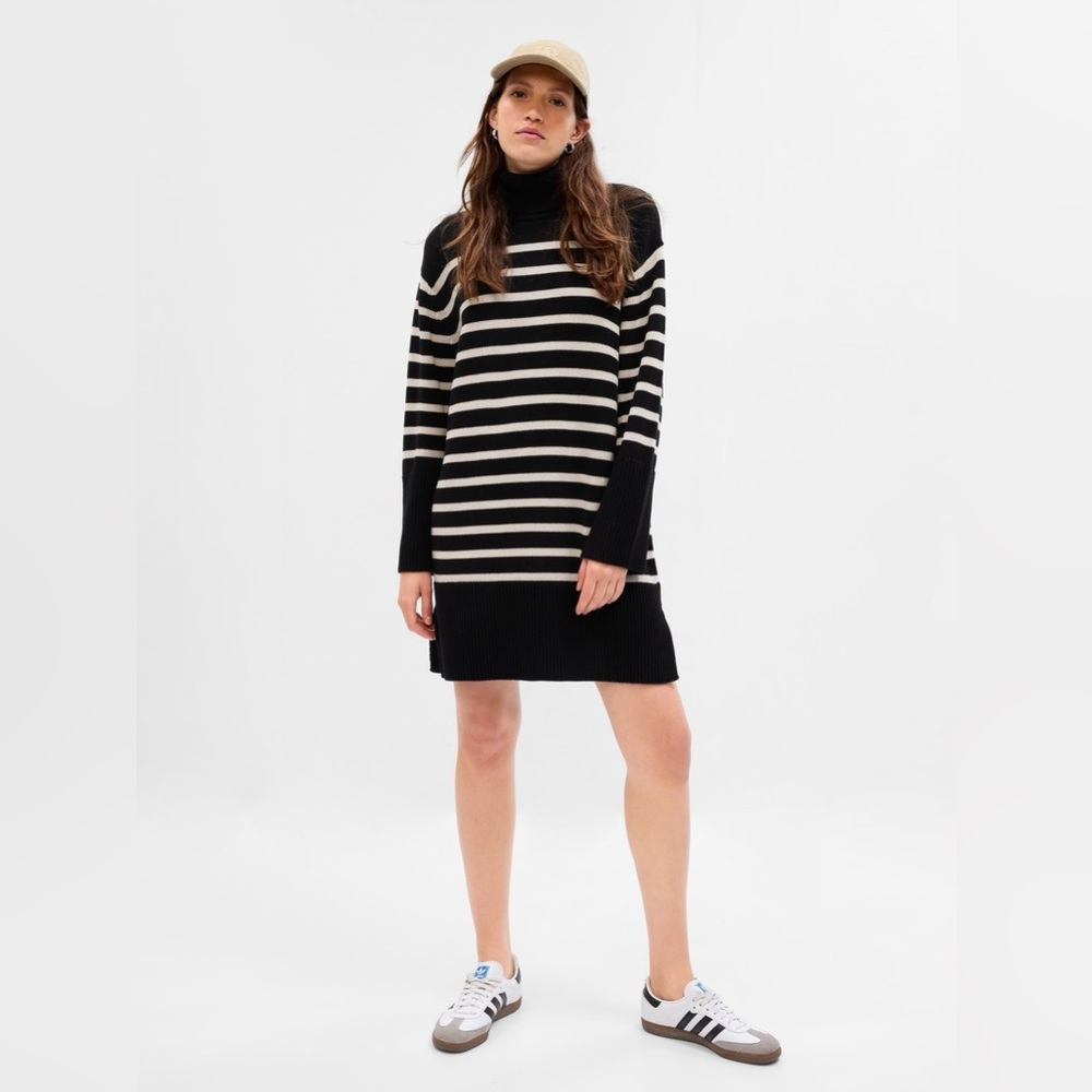 Black and Cream Striped Turtleneck Sweater Dress 100% cotton